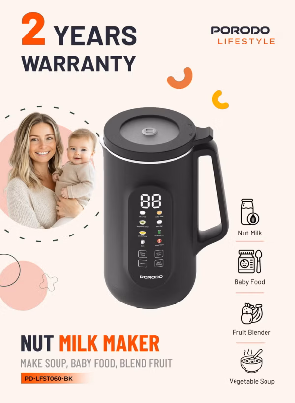Nut Milk Maker 1L 800W with Dual-Mode Blending Hot and Cold / Advanced Thermal Jar / Make Soup / Baby Food / Blend Fruit / Auto-Clean / Fruit Blender / Keep Warm / High and Low Temperatures - Black