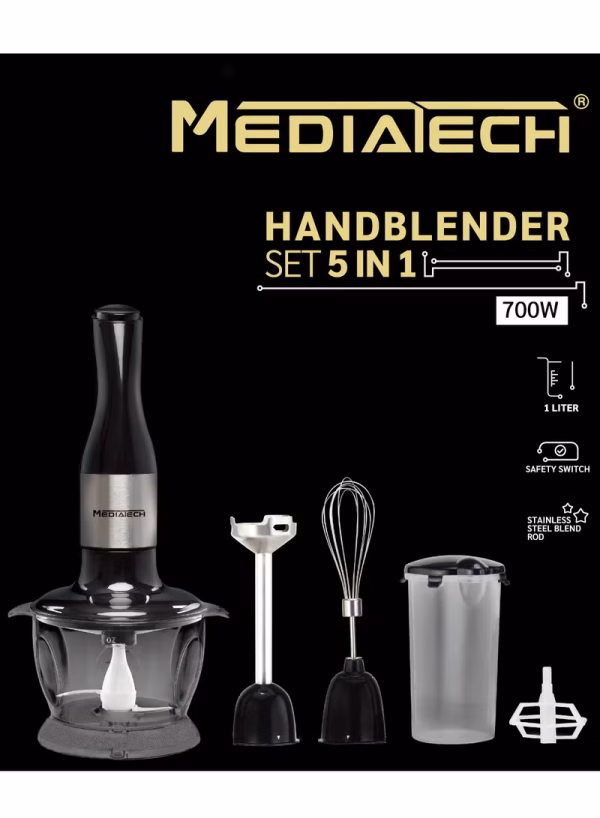 5 In 1 Hand Blender | 1.0L Chopper Bowl and 500mL Measuring Cup | 700W | Whisker & Batter Mixer Attachments | Stainless Steel Blades and Rods | BPA-Free Chopper Bowl | 8 Pieces | Safety Button | MT-HB14
