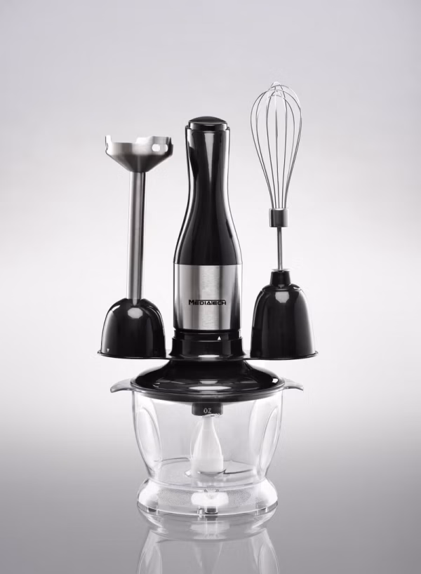 5 In 1 Hand Blender | 1.0L Chopper Bowl and 500mL Measuring Cup | 700W | Whisker & Batter Mixer Attachments | Stainless Steel Blades and Rods | BPA-Free Chopper Bowl | 8 Pieces | Safety Button | MT-HB14