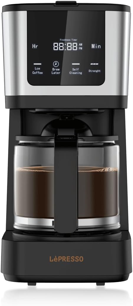 LePresso 10-Cup Coffee Maker, Drip Coffee Machine, Washable Nylon Filter, Interactive Touch Display, Brewing Coffee Maker with 400mL Travel Mug, Carafe Coffee Machine, for Home, Office