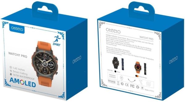 Oteeto Watch7 Pro Sport Smartwatch, 1.5" AMOLED Display, 1 ATM Waterproof, Smart Call, Orange Strap