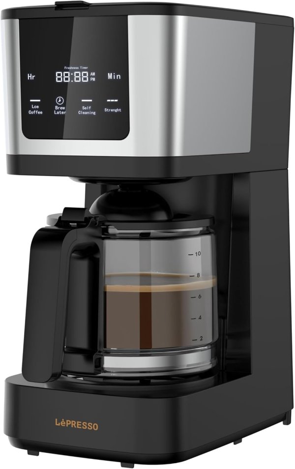 LePresso 10-Cup Coffee Maker, Drip Coffee Machine, Washable Nylon Filter, Interactive Touch Display, Brewing Coffee Maker with 400mL Travel Mug, Carafe Coffee Machine, for Home, Office