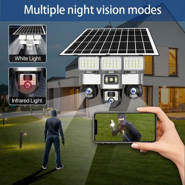 V380 Pro 4G Solar Security Camera, Triple PTZ Lens System, 360° Rotation, Night Vision, 4K Resolution, IP66 Waterproof, Mobile App Control