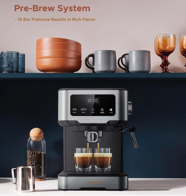 LePresso Digital Espresso Machine with Milk Frother, 20 Bar High Pressure Coffee Machine, 1.5L Water Capacity, 1100W, Espresso Maker with Touch Display & Pre-Brew, for Espresso, Latte, Cappuccino