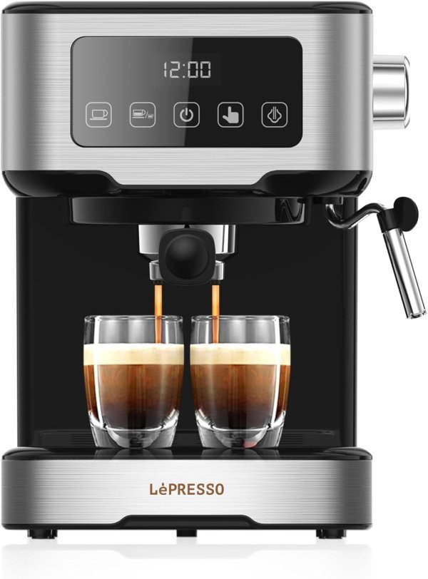 LePresso Digital Espresso Machine with Milk Frother, 20 Bar High Pressure Coffee Machine, 1.5L Water Capacity, 1100W, Espresso Maker with Touch Display & Pre-Brew, for Espresso, Latte, Cappuccino