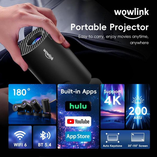 [Built-in Apps & 2025 Upgraded] Mini Projector with WiFi 6 and Bluetooth 5.4 Support 4K 1080P Auto Keystone 180° Rotatable Projector Portable Compatibile with HDMI/TV Stick/Memory Stick/Laptop, Black