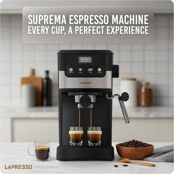 Lepresso Suprema Espresso Machine, Milk Steamer, With 1100W Power+ 20Bar Pressure, Adjustable Steam Control, 1.2L Removable Water Tank, Automatic Power-Off, One-touch Operation, NS Capsule Compatible.