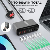 Necomi 600W USB A&USB C 【New Update】Charging Station,5 Type-C Ports 【2×140W, 2x 100W,1x30W】 and 3 USB Ports 【QC30W】 Charge Charging Station Type-C hub,GaN Technology