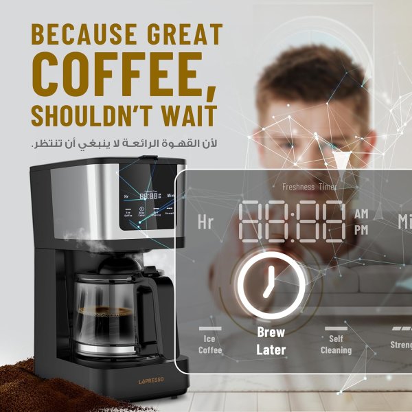 LePresso 10-Cup Coffee Maker, Drip Coffee Machine, Washable Nylon Filter, Interactive Touch Display, Brewing Coffee Maker with 400mL Travel Mug, Carafe Coffee Machine, for Home, Office
