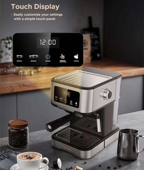LePresso Digital Espresso Machine with Milk Frother, 20 Bar High Pressure Coffee Machine, 1.5L Water Capacity, 1100W, Espresso Maker with Touch Display & Pre-Brew, for Espresso, Latte, Cappuccino