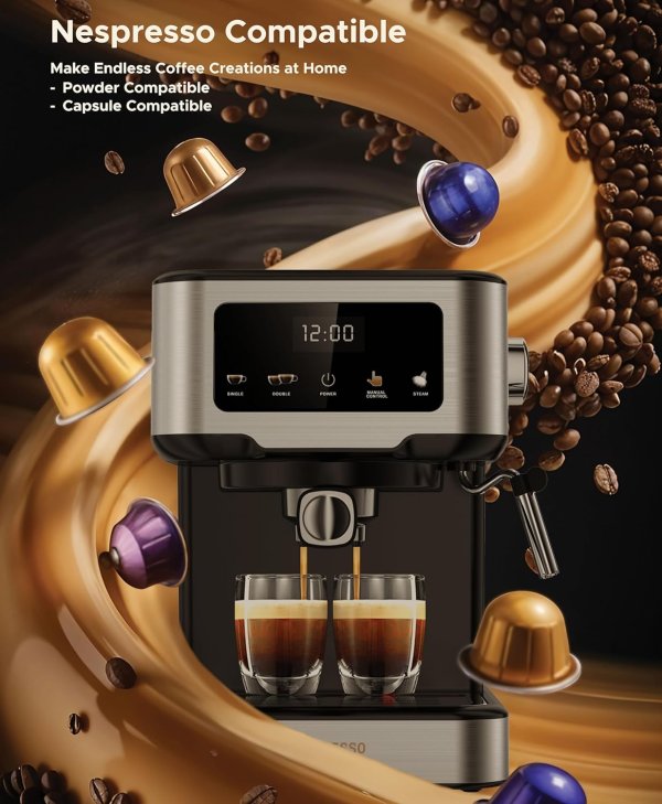 LePresso Digital Espresso Machine with Milk Frother, 20 Bar High Pressure Coffee Machine, 1.5L Water Capacity, 1100W, Espresso Maker with Touch Display & Pre-Brew, for Espresso, Latte, Cappuccino