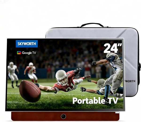 Skyworth 24-Inch Portable Smart TV with Protective Case, Battery Powered Outdoor TV, 1080P FHD, Google TV, HDR10, Dolby Audio, Chromecast, Ideal for Sports, Game Day Bundle
