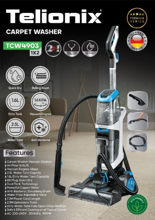 Telionix carpet & upholstery cleaner model 4903 with 18-month official warranty.