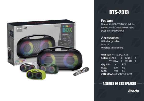 Brodu Bts 2313 Portable Professional Karaoke Bluetooth Speaker With 1 Wireless Mic & Display & RGB Light / Aux / 2 Mic In Jack & 1 Guitar jack & 1 Mic Jack / Usb & SD Card & Aux Slot / Carry Handle – Lime Green