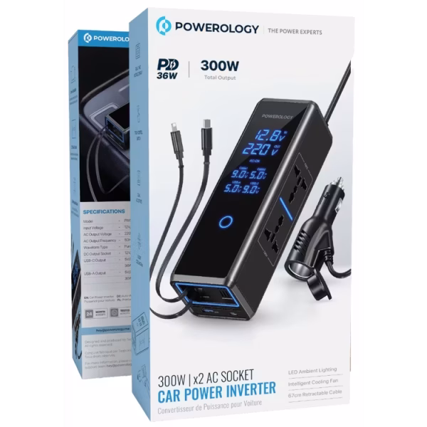 Powerology 300W Car Power Inverter with Dual AC Sockets, Silent Cooling Fan, LED Ambient Lighting, 36W Power Delivery, USB-C & USB-A Ports, Touch Control Switch, Real-Time Voltage Display, Built-in USB-C & Lightning Cables - Black