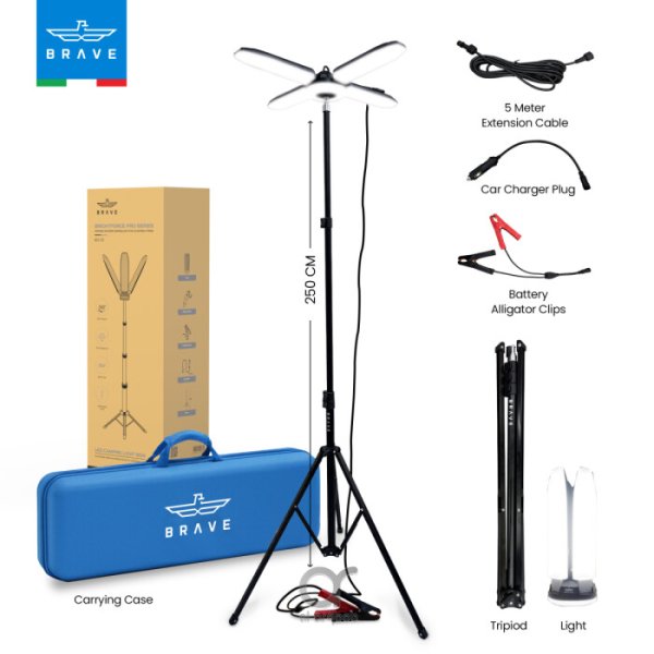 BRAVE BLS-02 BrightForce Pro 80W Portable Camping Light, 8000LM Foldable LED Floodlight with 2.5m Tripod, Battery Clip Power & IP54 Waterproof Lamp