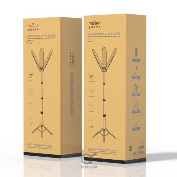 BRAVE BLS-02 BrightForce Pro 80W Portable Camping Light, 8000LM Foldable LED Floodlight with 2.5m Tripod, Battery Clip Power & IP54 Waterproof Lamp